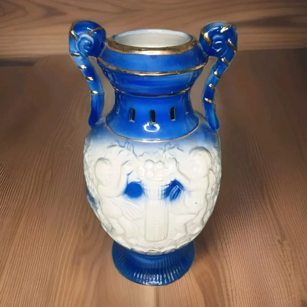 Vintage Cobalt Blue Cherub Angel Porcelain Urn Vase Gold Trim Handles Ceramic